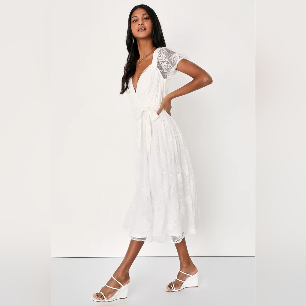 Lulus Romantic Prose White Lace Puff Sleeve Midi Skater Dress